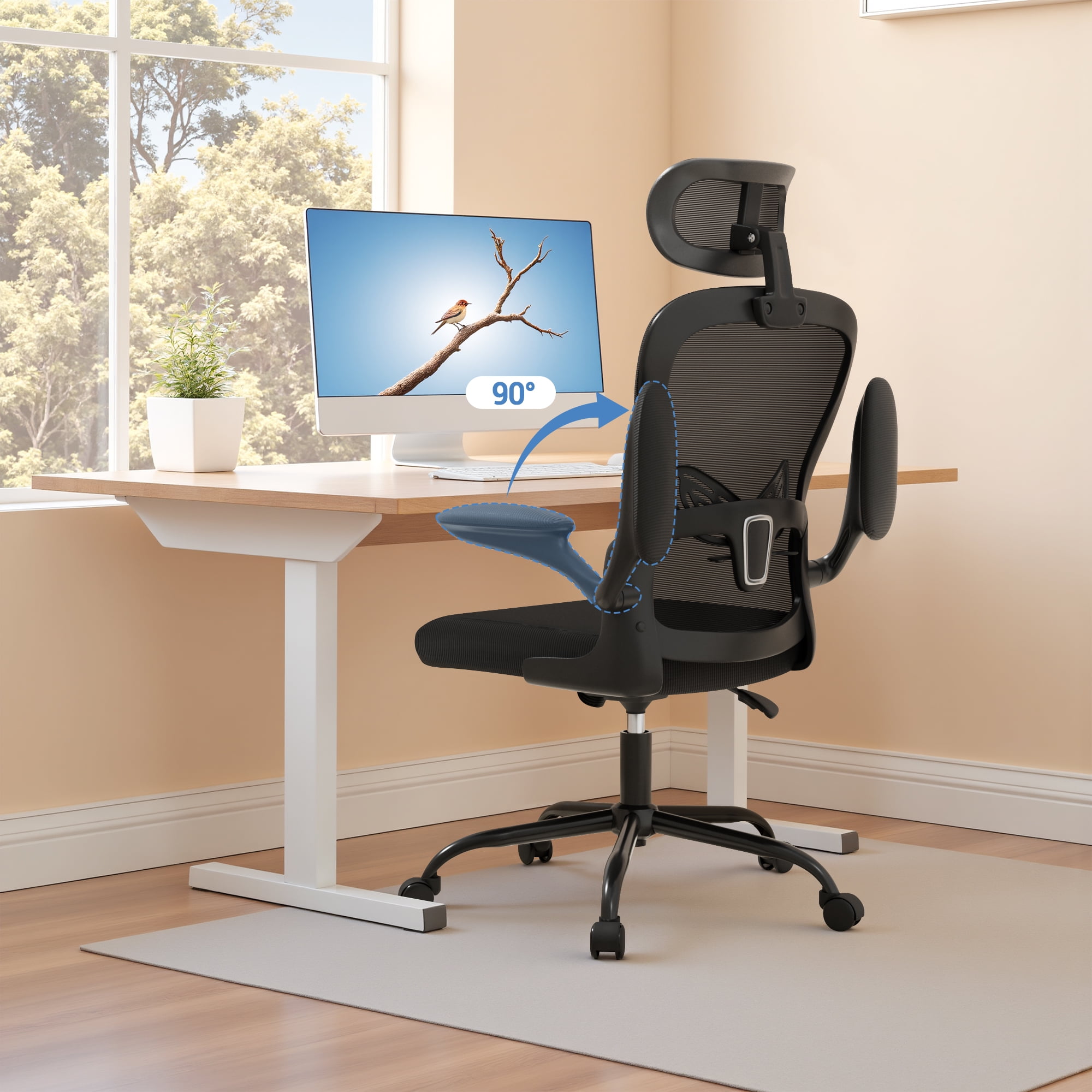 Lacoo Ergonomic Office Chair High Back Desk Mesh Chair Adjustable Lumber Support and Headrest with Flip up Armrest for Home Office, Black