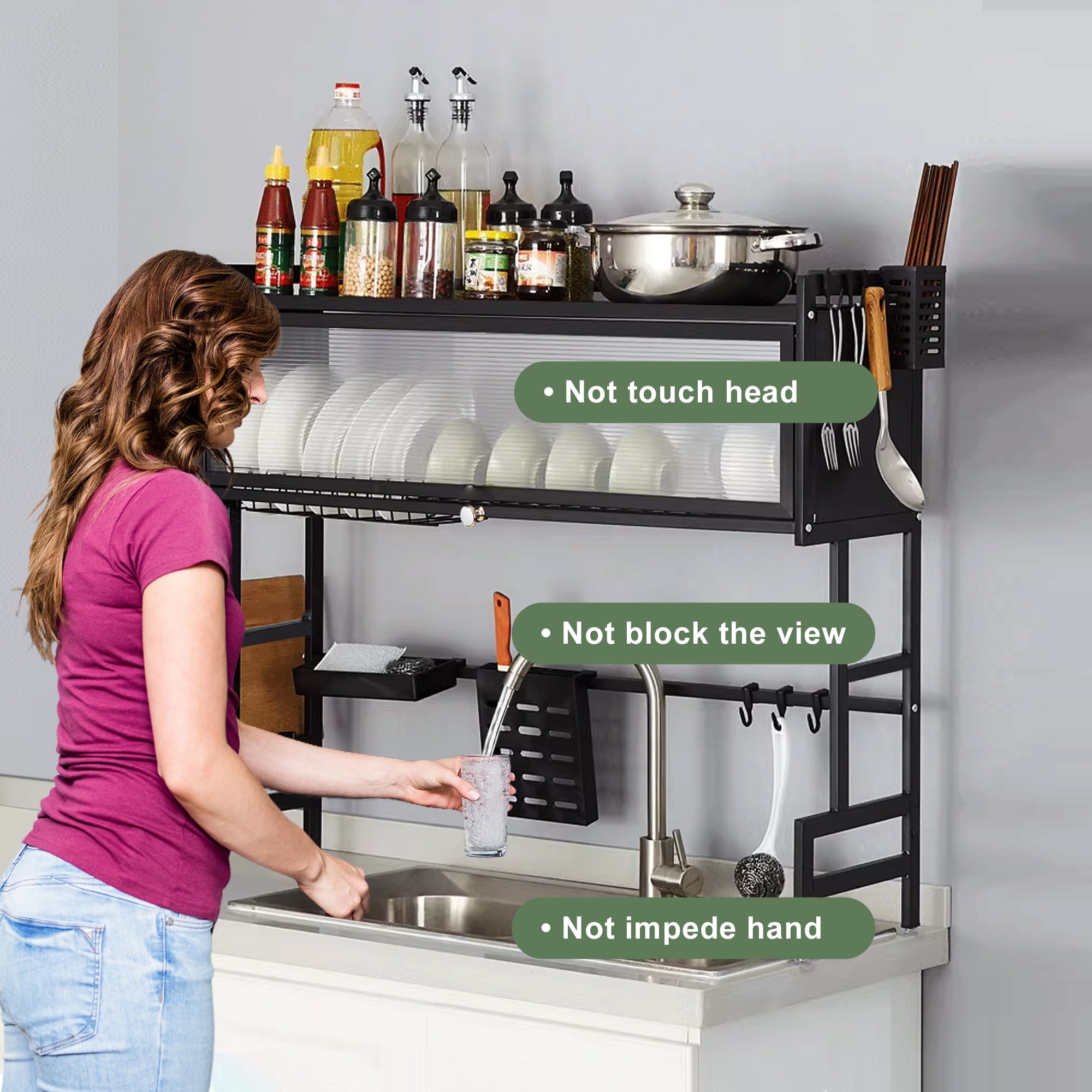 3 Tier Over The Sink Dish Drying Rack, Large Capacity Dish Rack With Cover, Expandable Length & Height, Adjustable Metal Dish Drainer For Kitchen Counter, Space Saving