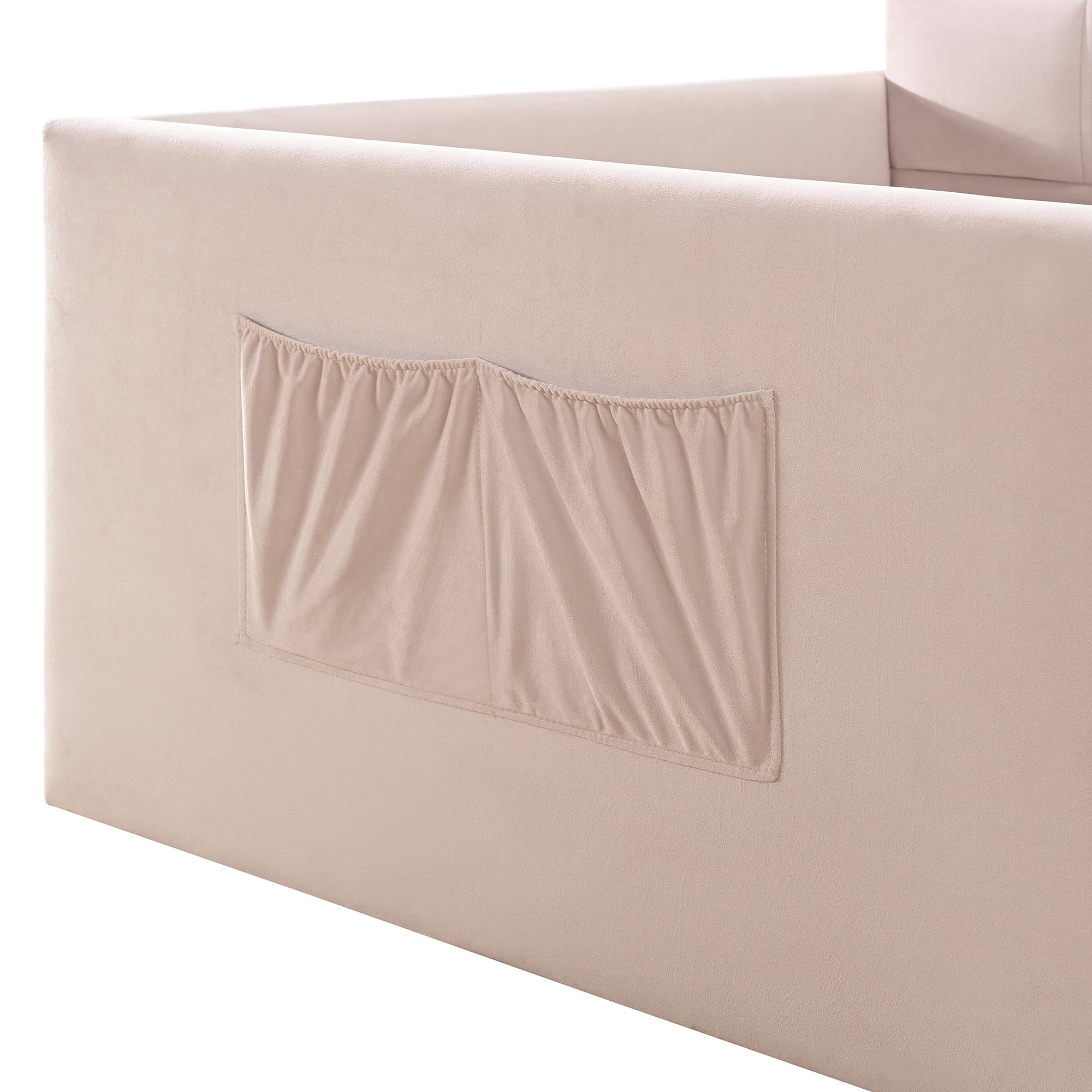 Twin Size Velvet Daybed with Storage Pockets and Walk-In Entrance, Upholstered Sofa Bed with High Side Panels for Guest Room and Small Spaces, Pink