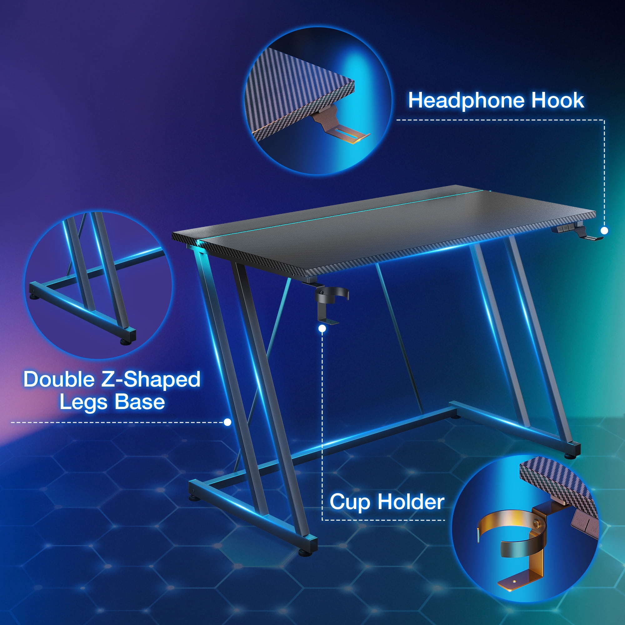 31.5 inch Gaming Desk with Z-Leg Design, Computer Desk with LED Light, Gaming Table Suitable for Small Space, Black