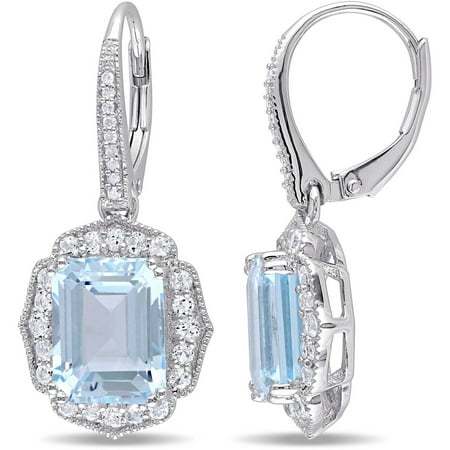 Tangelo 9-2/5 Carat T.G.W. Blue Topaz and White Topaz with Diamond-Accent Sterling Silver Halo Leverback Dangle Earrings