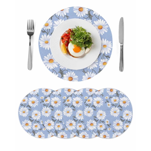 Blue Daisy Round 15 Inch Placemats Set of 4, Spring Floral Summer Botanical Watercolor HeatResistant Non Slip Place Mats for Dining Table, Wipeable Braided Kitchen Table Mats for Housewarming