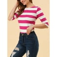 thumbnail image 5 of Allegra K Women's Casual Round Neck Elbow Sleeves Slim Fit Stripes T-Shirt, 5 of 6