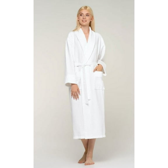 Womens Long Waffle Luxury Shawl Kimono Lightweight Turkish Cotton Robe, Hotel Spa Bathrobe for Women - Adult - Unisex - White - XXL