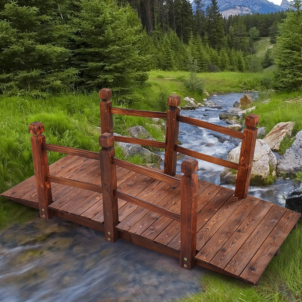 Jaxpety 5' Wooden Garden Bridge Stained Finish Decorative Pond Yard