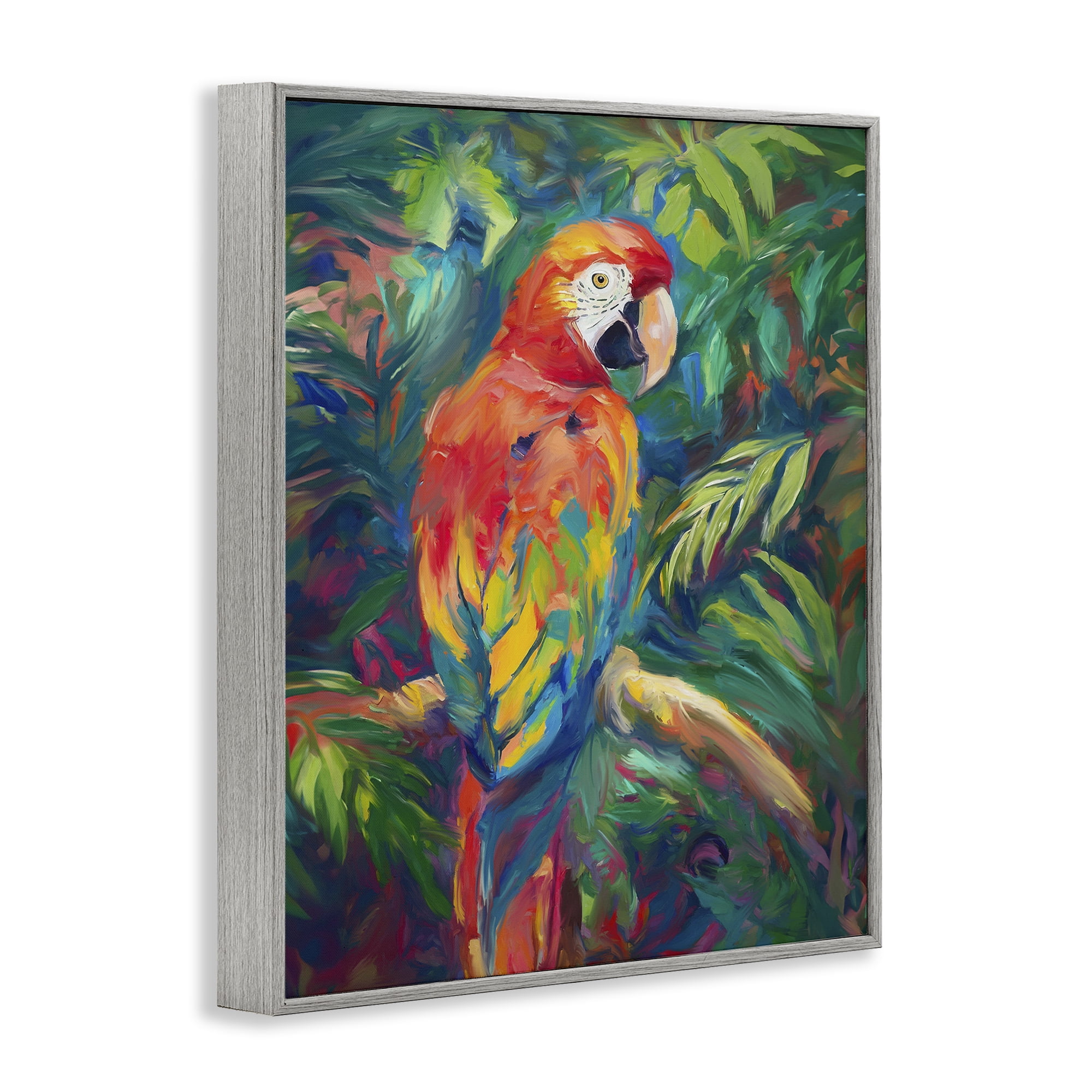 Stupell Industries Jungle Macaw on Branch Animals & Insects Painting Gray Framed Art Print Wall Art, 16 x 20