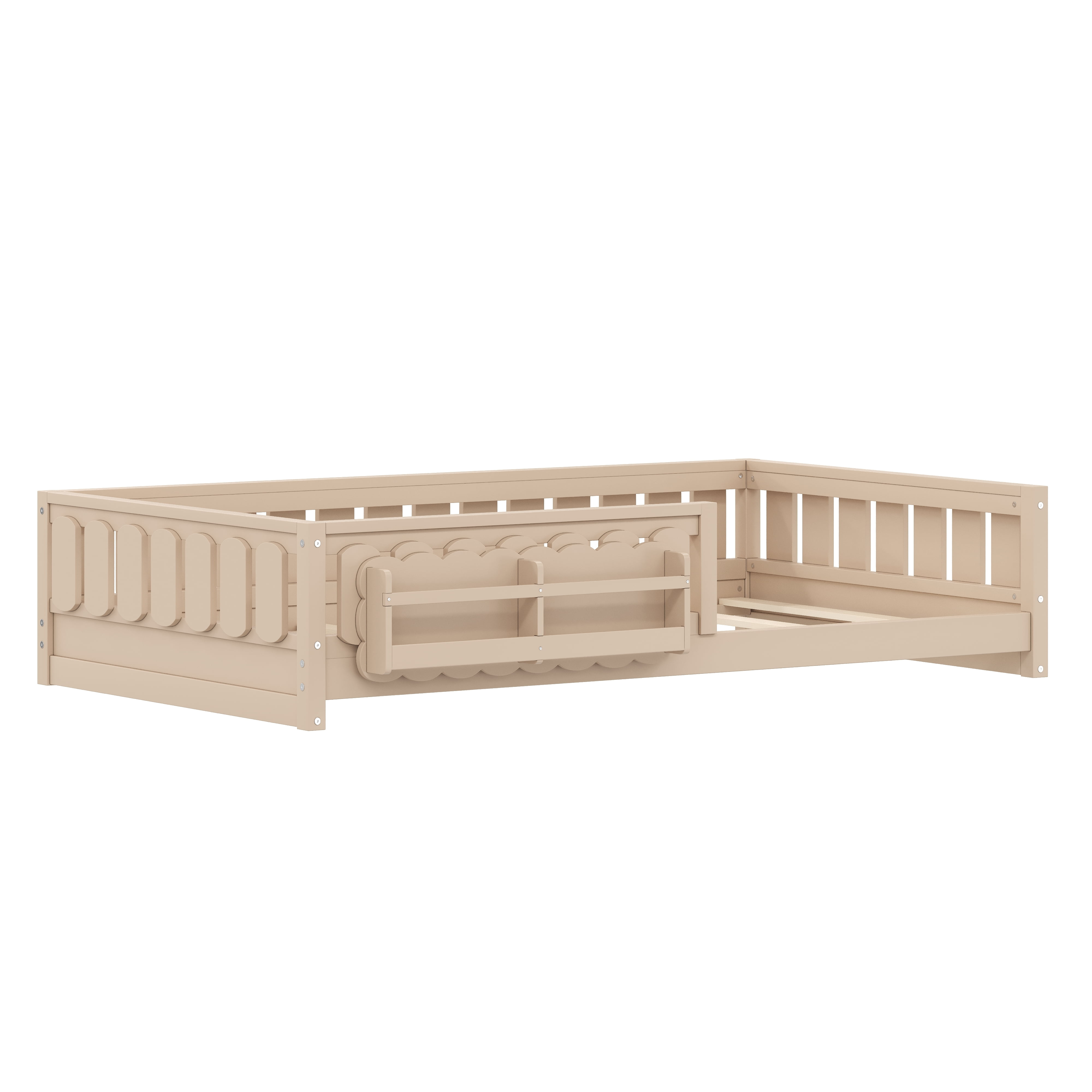 Euroco Wood Twin Size Platform Bed with Shelves, Floor Bed with Guardrails, Natural