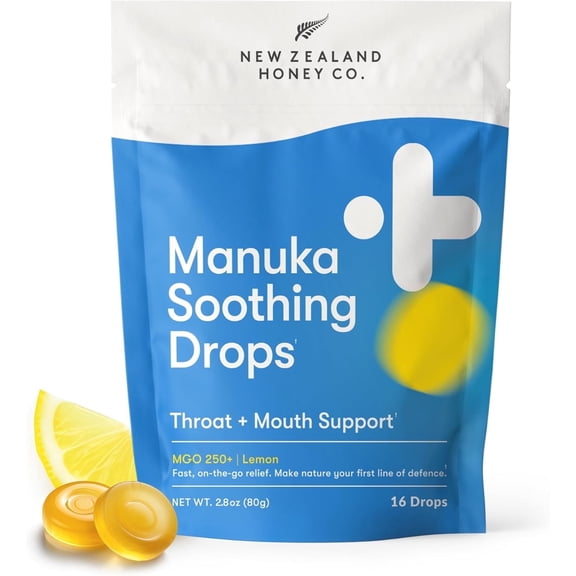 NEW ZEALAND HONEY CO. Manuka Honey Cough Drops MGO 250  – Natural Soothing Throat Lozenges with Lemon for Sore Throat & Dry Mouth Relief, Gluten-Free, Non-GMO – 16 Count