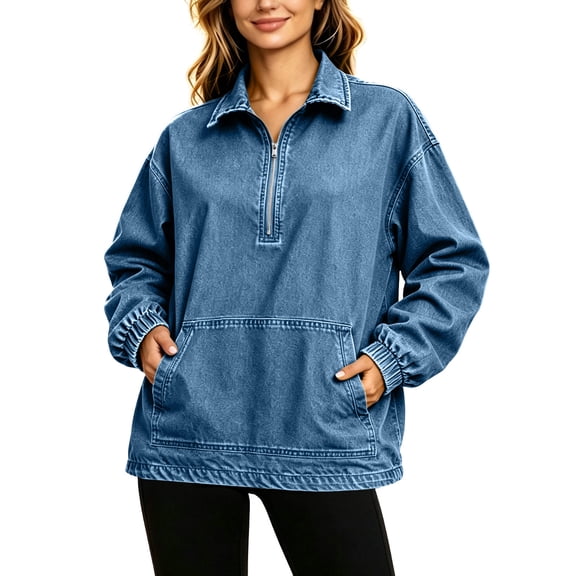 uublik Women's Denim Shirts Blue 1/4 Half Zip Pullover Casual Long Sleeve Lightweight Sweatshirts Tops