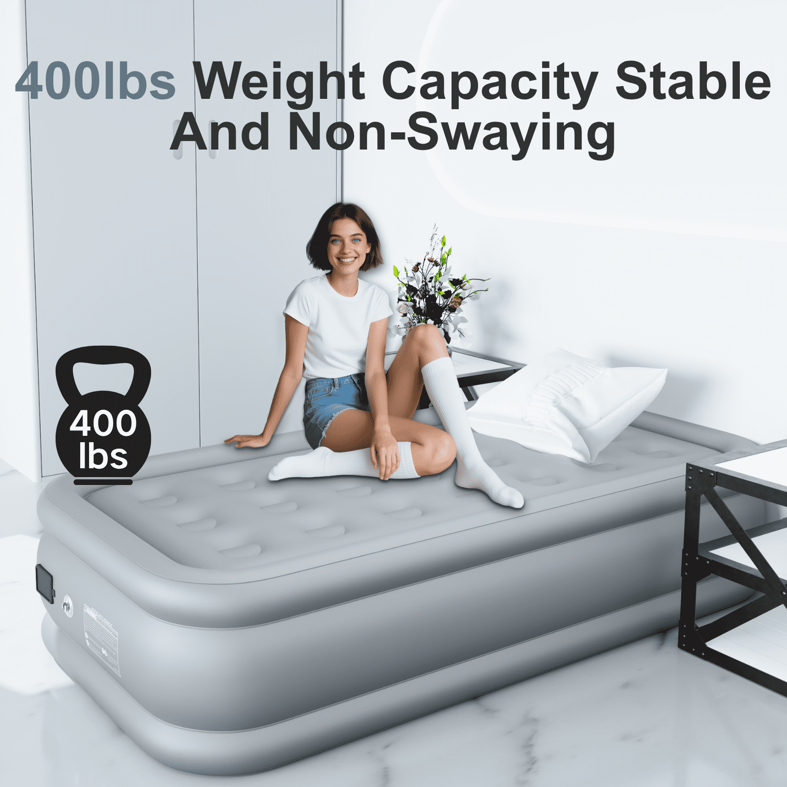 Twin Air Mattress with Built-in Wireless Pump-Inflatable Bed for Camping&Guests,All Fabric Cooling Toppe,18"Gray,3 Minutes Inflation