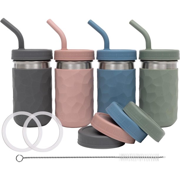 en 1 taza para niños, taza duradera de acero inoxidable 304, pajita de silicona con tapón de pajita, tapa giratoria de plástico duro de alta calidad, manga de fácil agarre, juego de 4 tazas para niños aptas para lavavajillas verde mate, rosa, azul y gris oscuro 12 oz