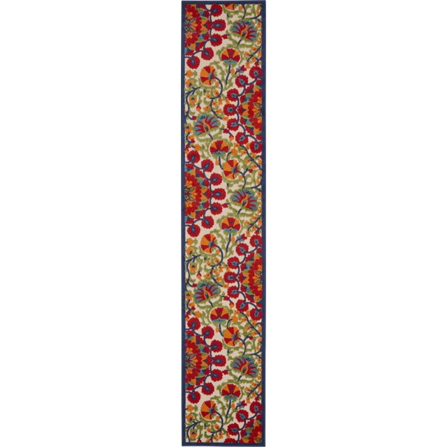 homeroots outdoor 384993 2’ x 12' Red and Multicolor Indoor Outdoor Runner Rug