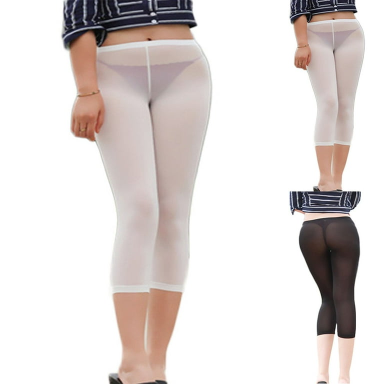 Women See Through Cropped Pants High Elastic Ice Silk Leggings Transparent