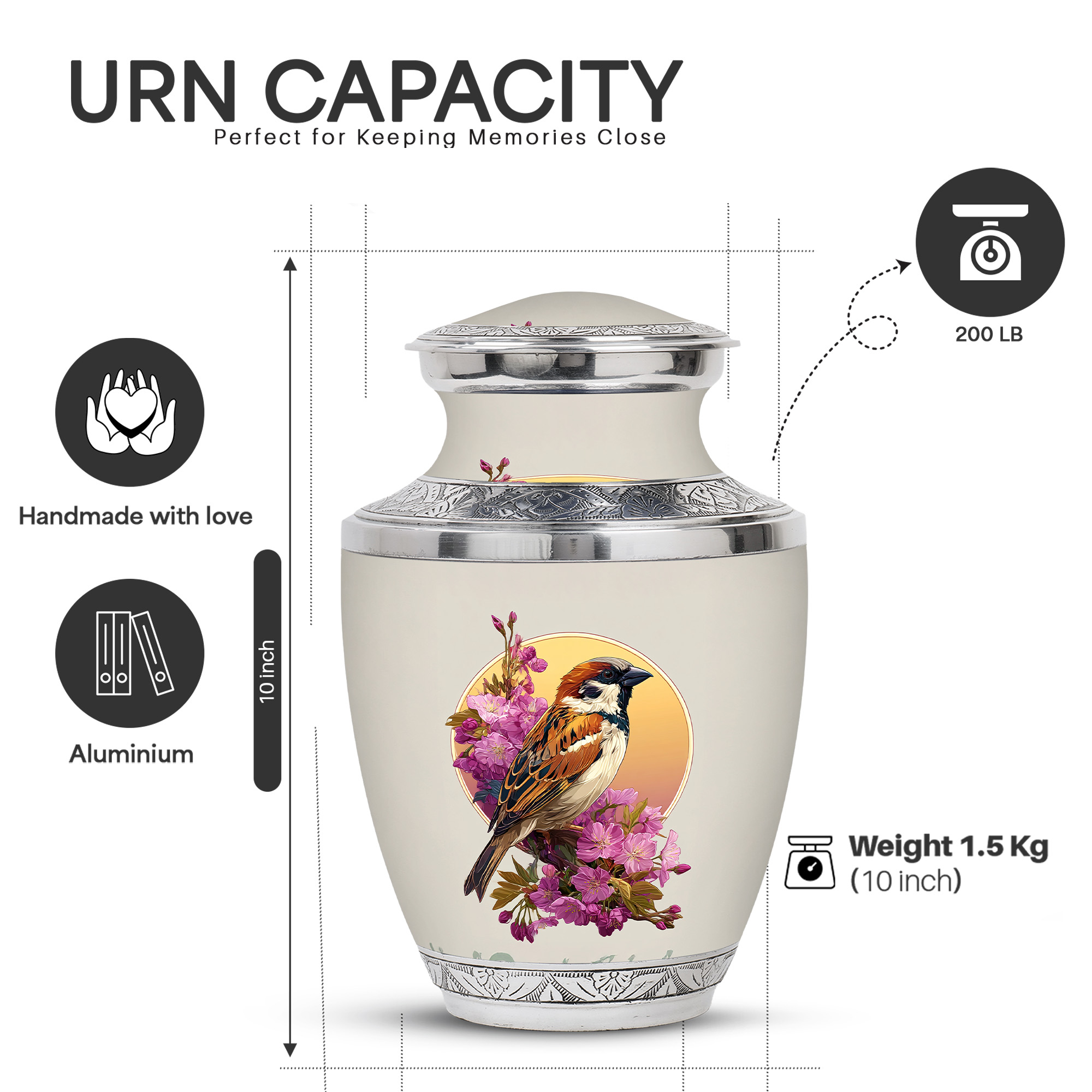 Yatskia Sparrow Urn for Ashes for Women, Funeral Burial Urns for Human Ashes Adult Man, Decorative Urns for Human Ash, (Tasty Large, 10 Inch)
