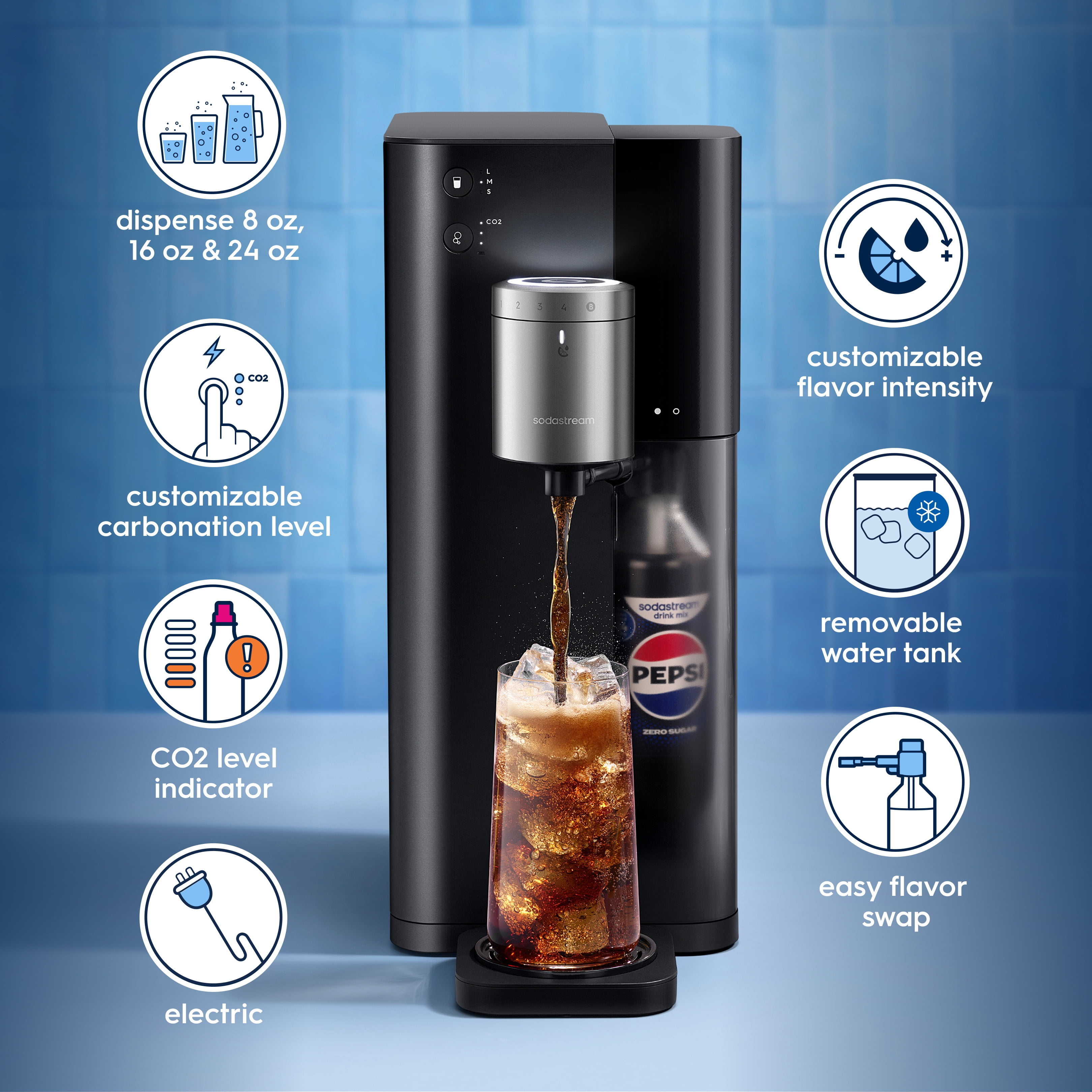 Sodastream Fountain Sparkling Drink Maker Black/Silver, Includes Quick Connect CO2, Water Tank, 2 Flavor Connect Caps, and Pepsi Zero Drink Mix, 14.9oz