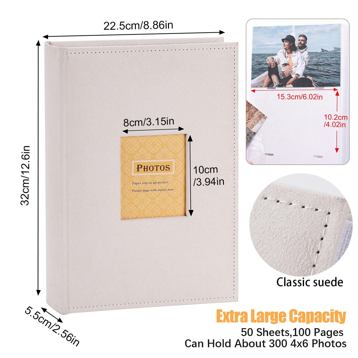 TJT Photo Albums for 4x6 Holds 300, 100 Pages Suede Cover with Display Window DIY Photo Book, Ideal Gifts for Family Travel Wedding Baby, Beige