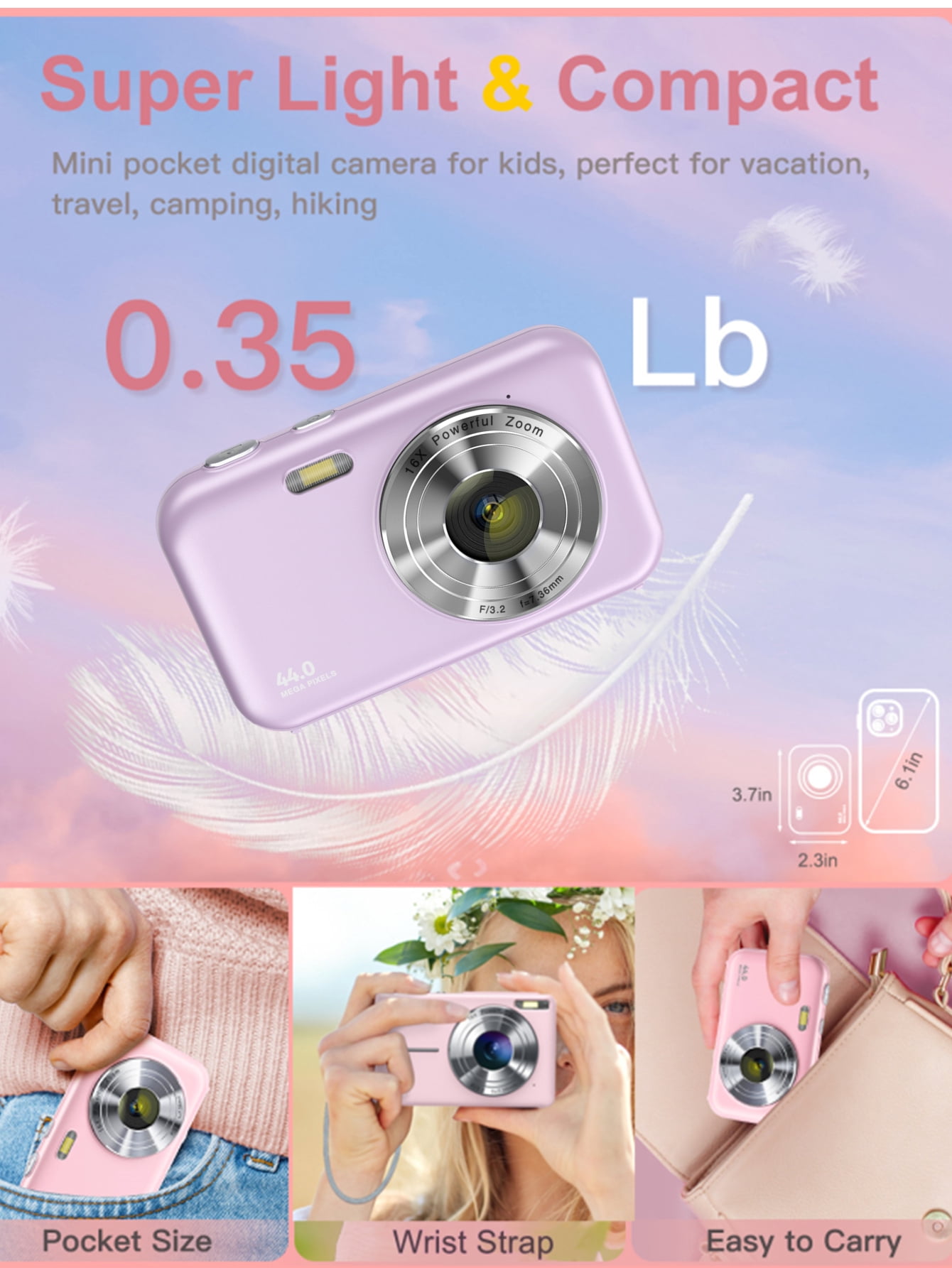 Digital Camera Newest 1080P Digital Camera for Kids with 32GB Card Anti-Shake, Portable Point and Shoot Camera Fill Flash 16X Zoom, Small Camera