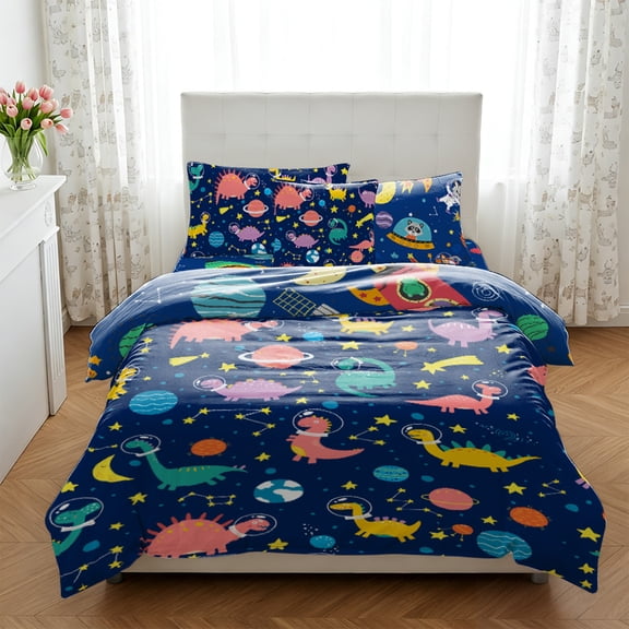 Twin Size 6-Piece Bed in a Bag for Boys Girls, Glow in The Dark Dinosaur Starry Sky Kids Bedding Set with Comforter, Sheets & Pillows
