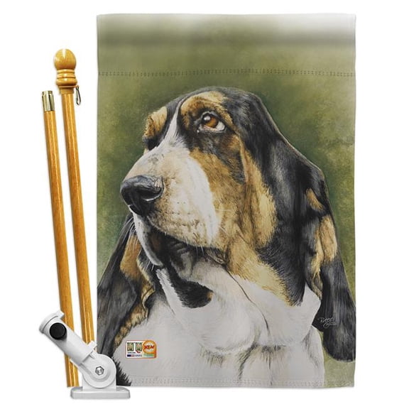 Breeze Decor BD-PT-HS-110090-IP-BO-D-US16-AL 28 x 40 in. Basset Hound Nature Pets Impressions Decorative Vertical Double Sided House Flag Set & Pole Bracket Hardware