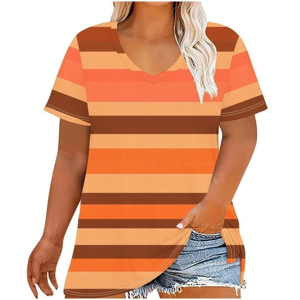 Tamaño Más Manga Corta Tops para la Impresión de Cuello en V de las Mujeres, Color Sólido Base de Verano Blusa Casual