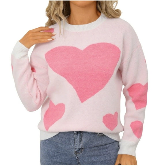 Women's Cute Heart Knitted Sweater Crewneck Top Casual Long Sleeve Sweaters White L