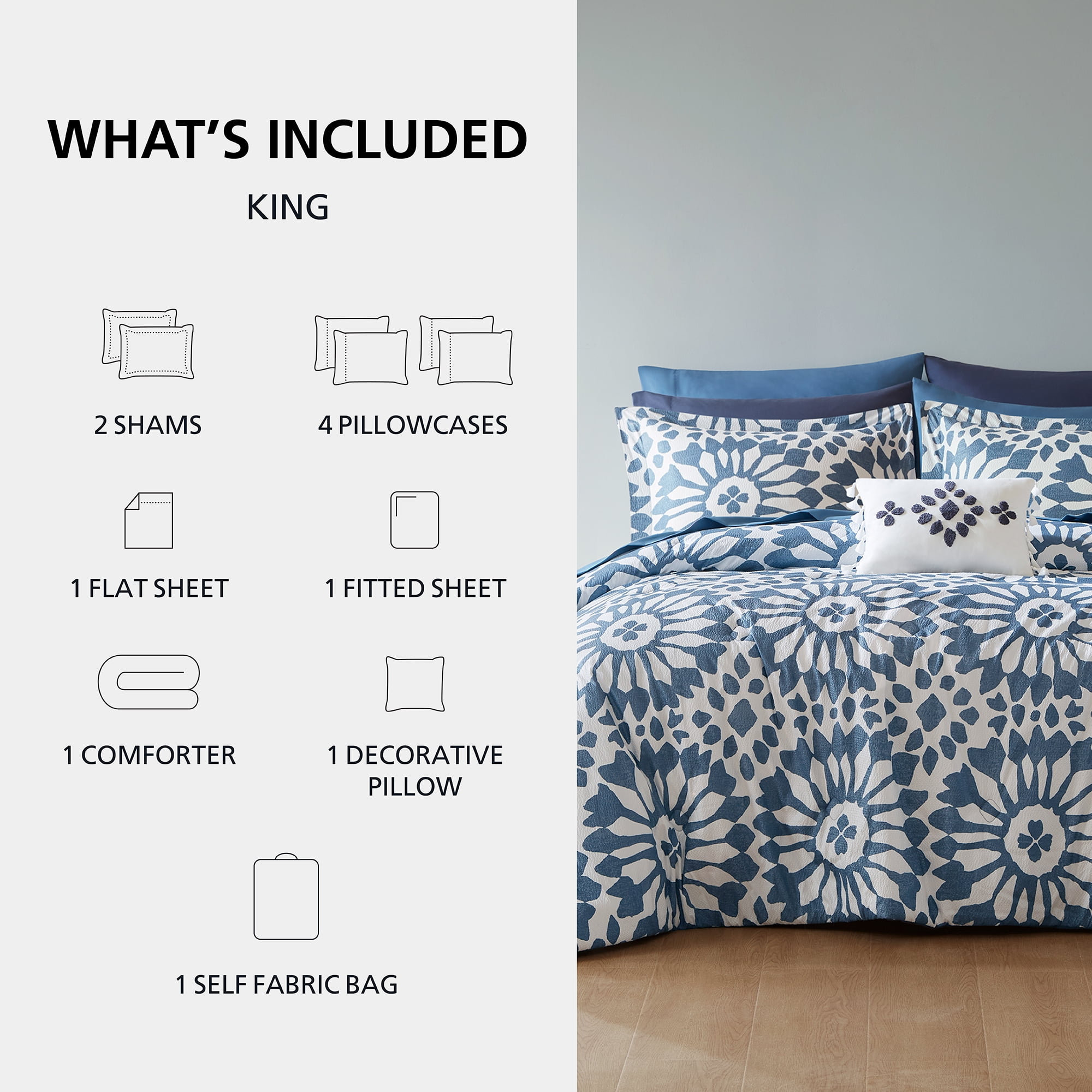 Mainstays All in One Reversible Comforter and Sheet set- 11 Piece, King, Indigo Tile Print
