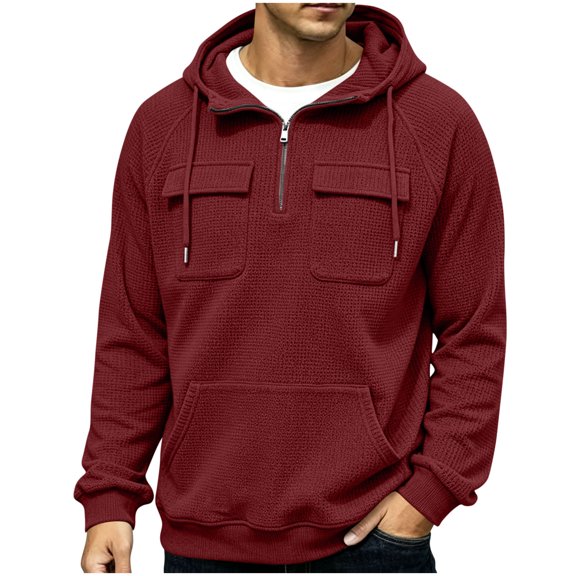 Hngshg Men's Hooded Sweatshirts Big and Tall Long Sleeve Quarter Zip Tops Textured Drawstring Pullover Hoodies