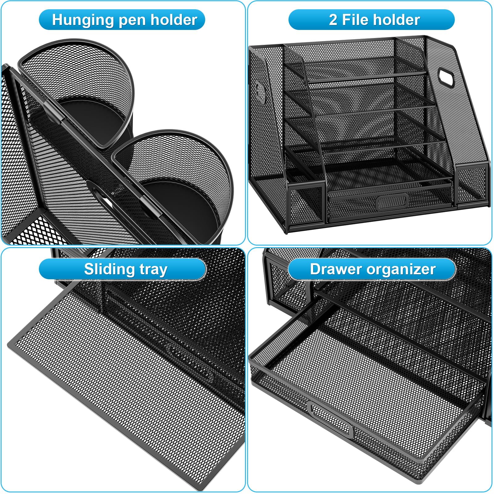 Marbrasse Desk Organizers with File Holder, 5-Tier Paper Letter Tray Organizer with Handle, Extra Vertical File Sorter with Drawer and 2 Pen Holder