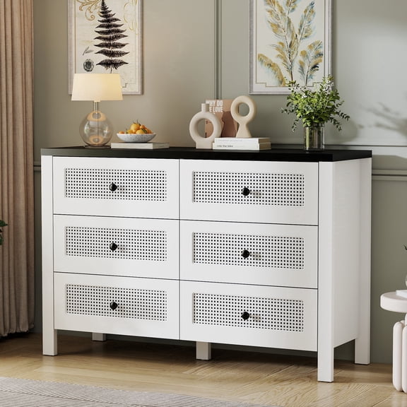 6 Drawer Double Dresser for Bedroom, Wide Modern Chest of Drawers Wood Storage Cabinet for Living Room & Closet