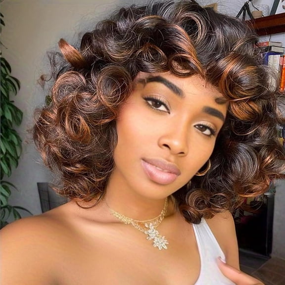 Brown short curly hair women's large curls synthetic fiber wig head cover