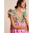 thumbnail image 6 of Multicolor Floral Patchwork V-Neck Ruffle Sleeve A-Line Short Dress For Women, 6 of 8