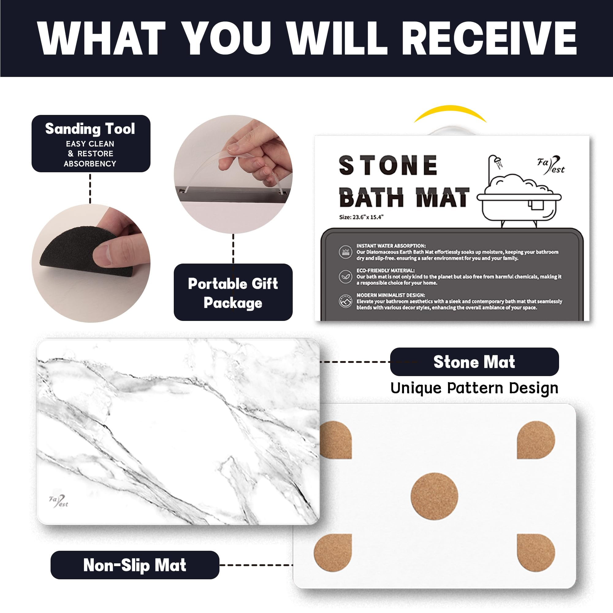 Stone Bath Mat, Diatomaceous Earth Fast-Drying & Absorbent Shower Mat, Non-Slip Diatomite Bathroom Floor Mat for Bathtub, White Marble