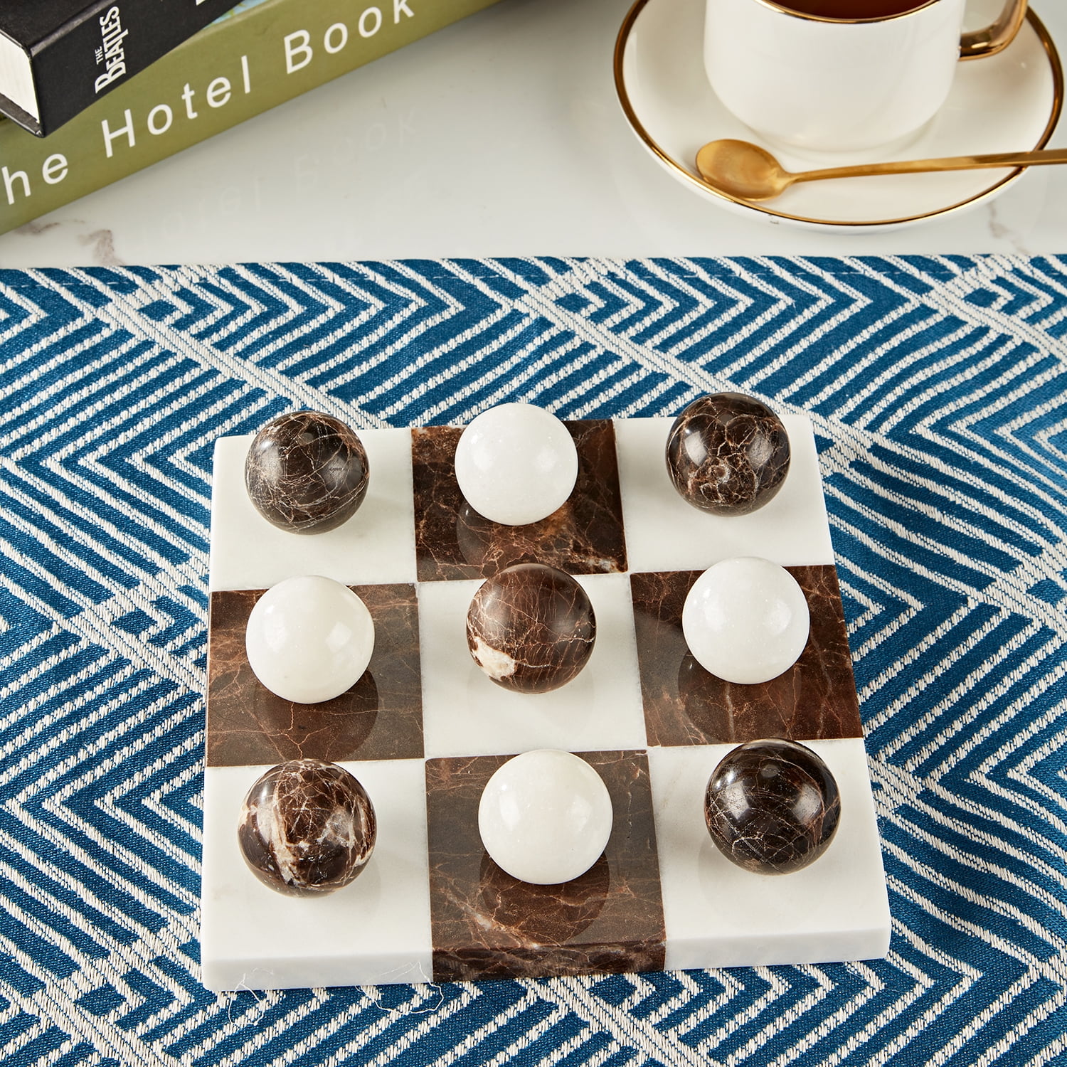Organic White& Brown Marble Home Decorate, Sturdy Marble Board Tabletop, Marble Classic Tic-Tac-Toe Board, Board for Home, Tabletop Game