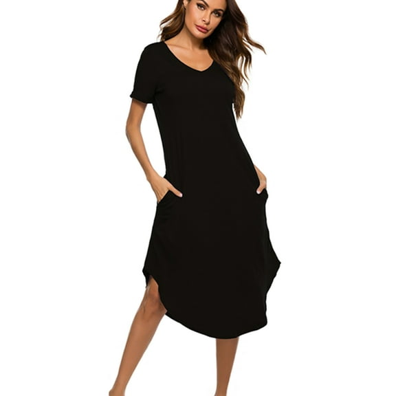 Womens Long Nightdress Ankle-Length Nightgowns Short Sleeve V Neck Loungewear Pajamas Sleepwear with 2 Pockets,Sleep Shirt ,Casual Cotton Plus Size Sleepdress for Girls House Dress,Black S-3XL