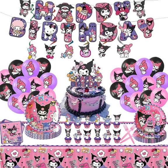 131pcs Kawaii birthday party decorations, cute party supplies for kids, including happy birthday banner, balloons, tablecloth, plates, forks, spiral pendants, cupcake decorations for girls
