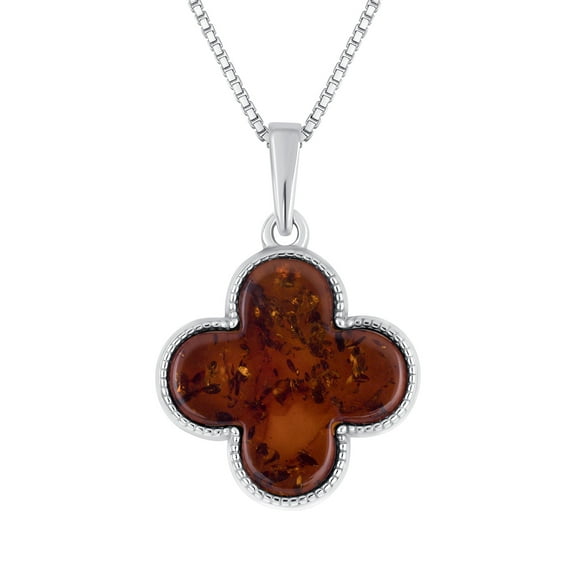 Genuine Baltic Amber Four Leaf Clover Pendant Necklace in Sterling Silver, 18"