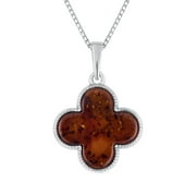 Genuine Baltic Amber Four Leaf Clover Pendant Necklace in Sterling Silver, 18"