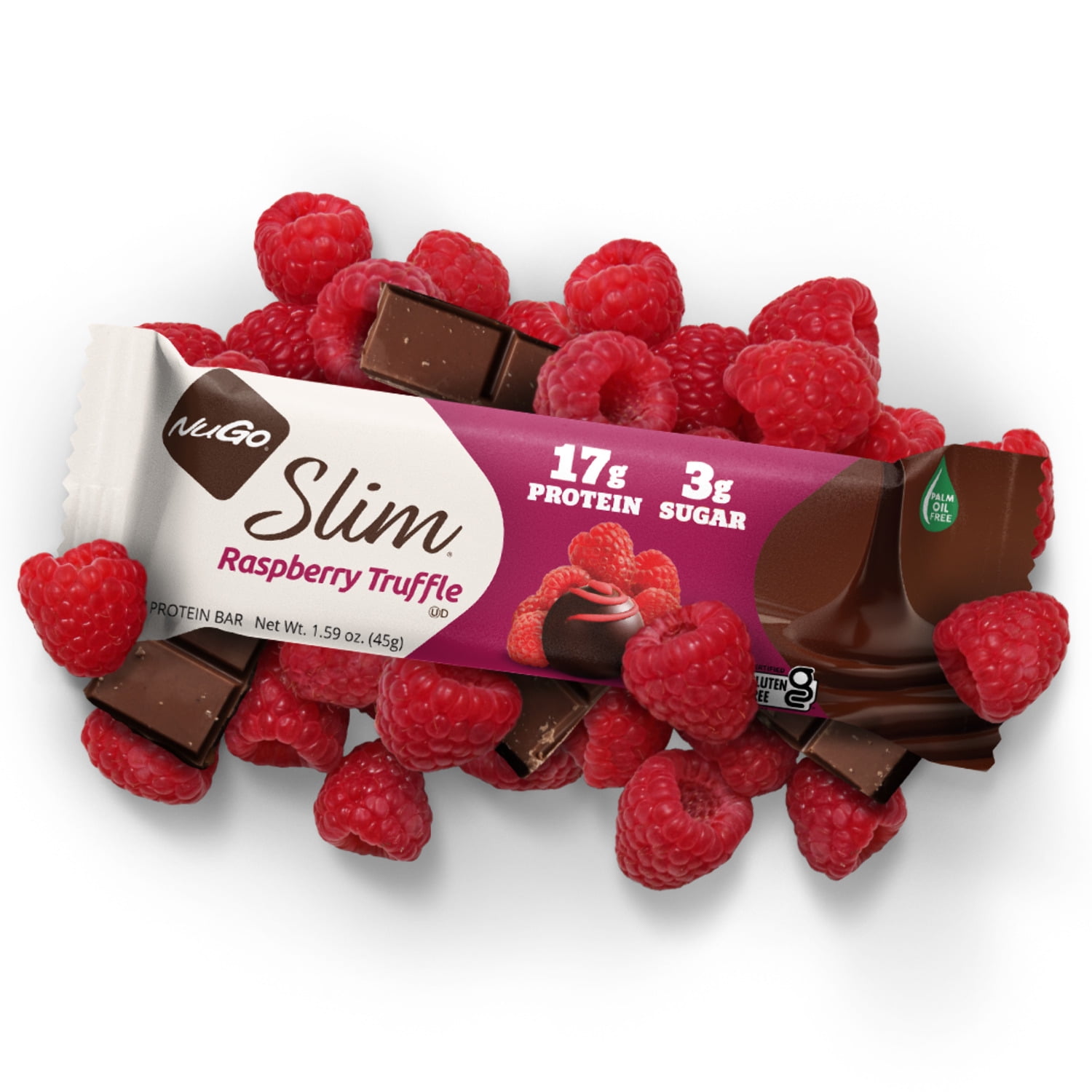 NuGo Slim Dark Chocolate Raspberry Truffle, 17g Protein, 2g Sugar, 7g Fiber, 160 Calories, Low Net Carbs, Gluten Free, 12 Count