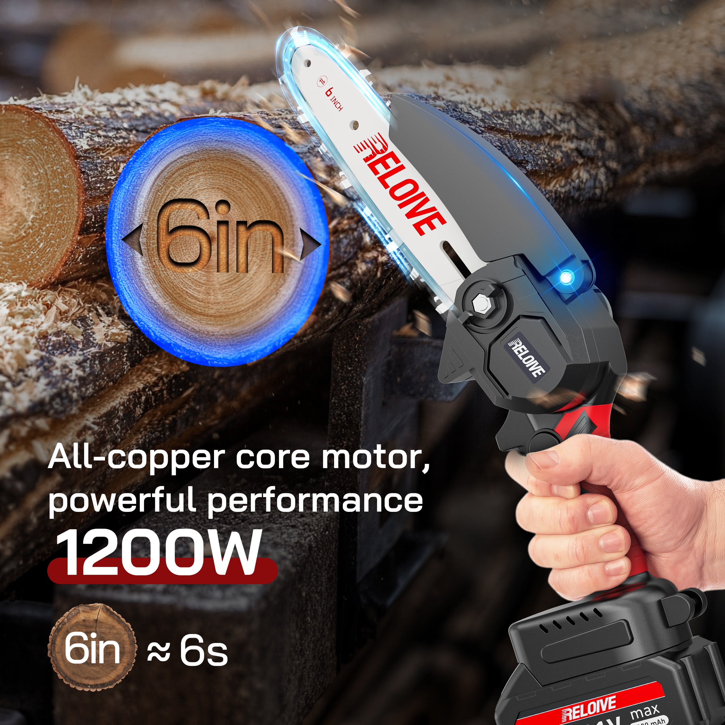 RELOIVE 6 in Mini Chainsaw with 2PCS 2.0 Ah Batteries 3 Chains,Cordless Small Handheld Chain Saw for Wood Cutting Tree Trimming
