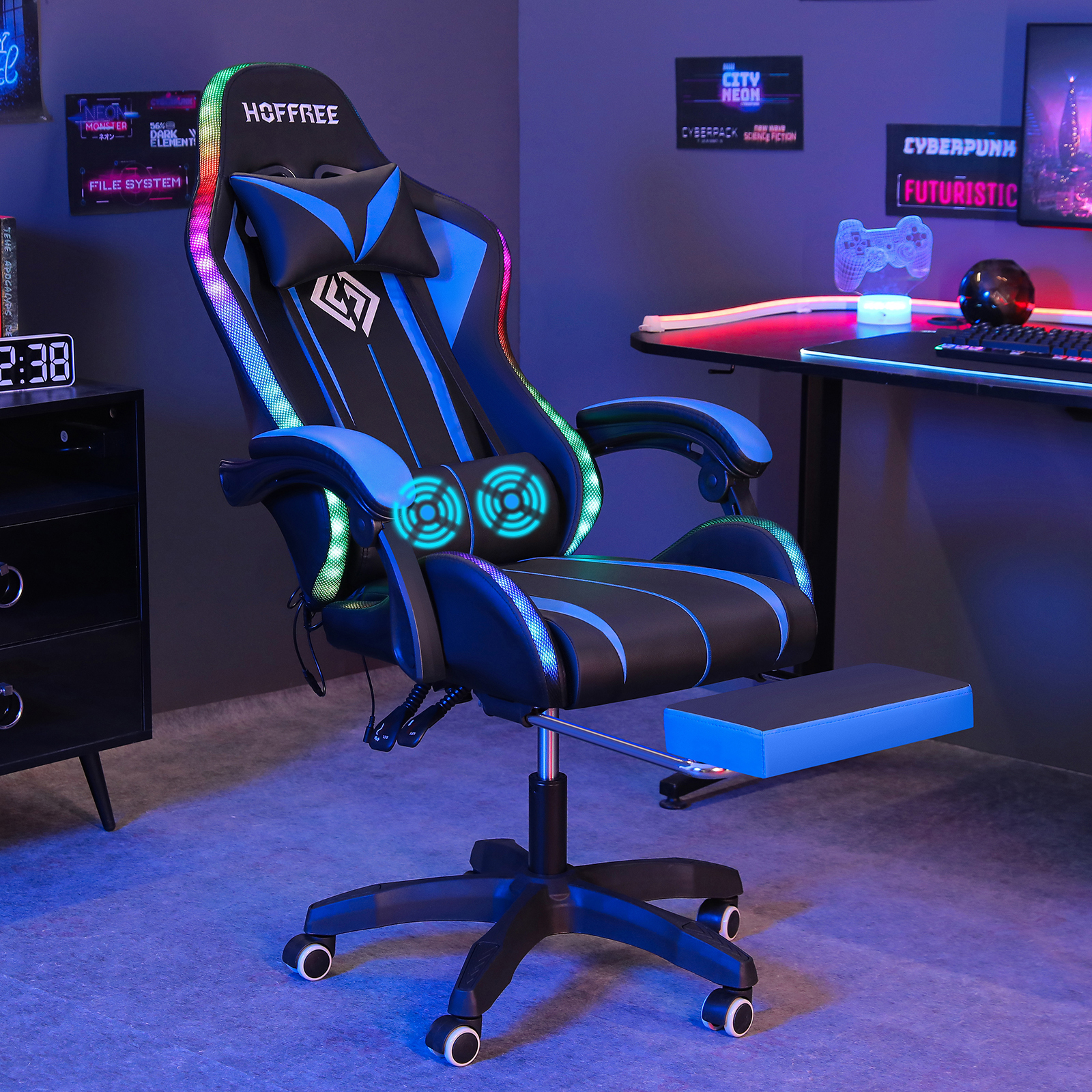 Hoffree Gaming Chair with Massage PU Leather Office Chair with Footrest and LED Light Ergonomic Gamer Chair Lumbar Support Adjustable Headrest High Back Computer Desk Chair for Home Office