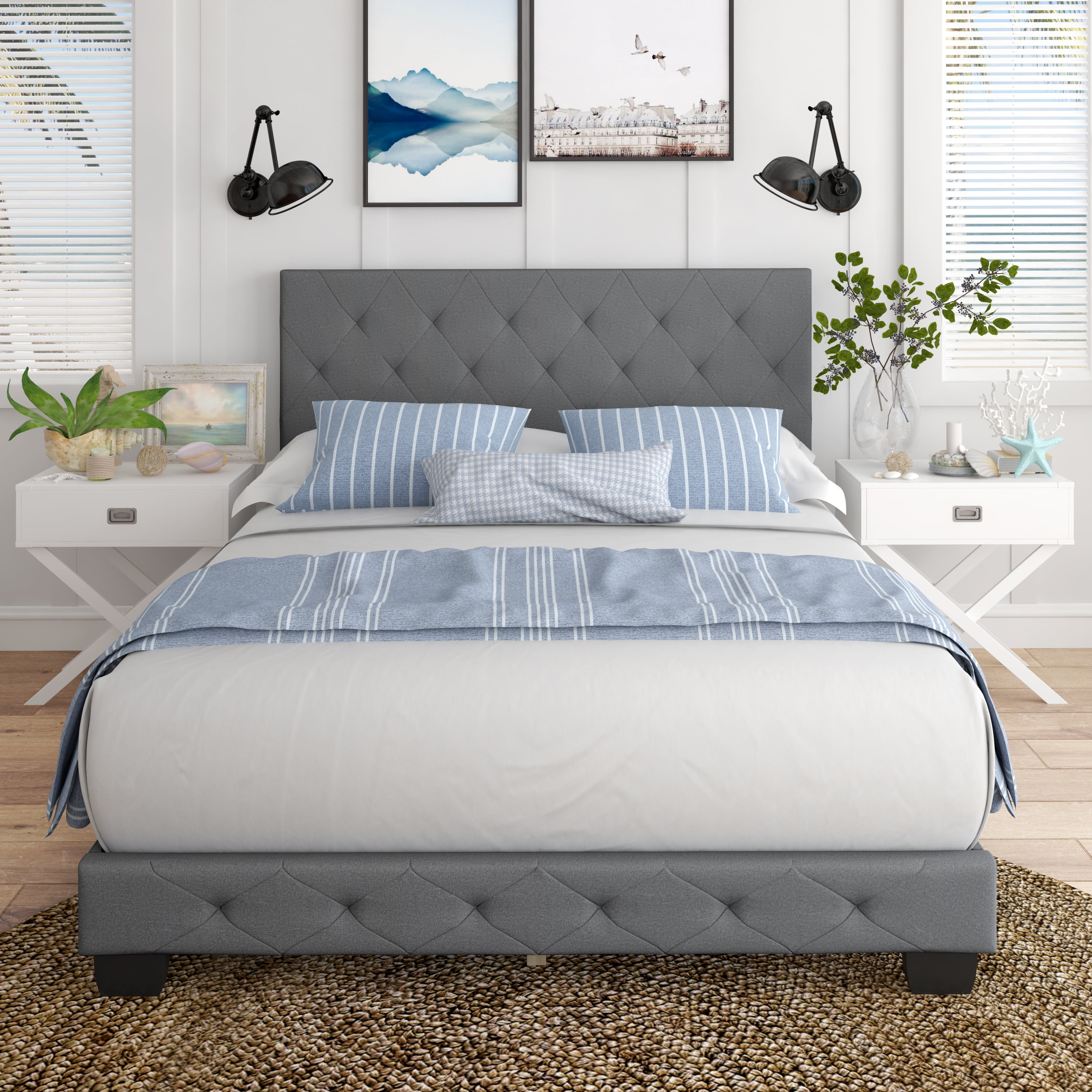 Premier Carina Linen Upholstered Platform Bed Frame, Gray, Full ...
