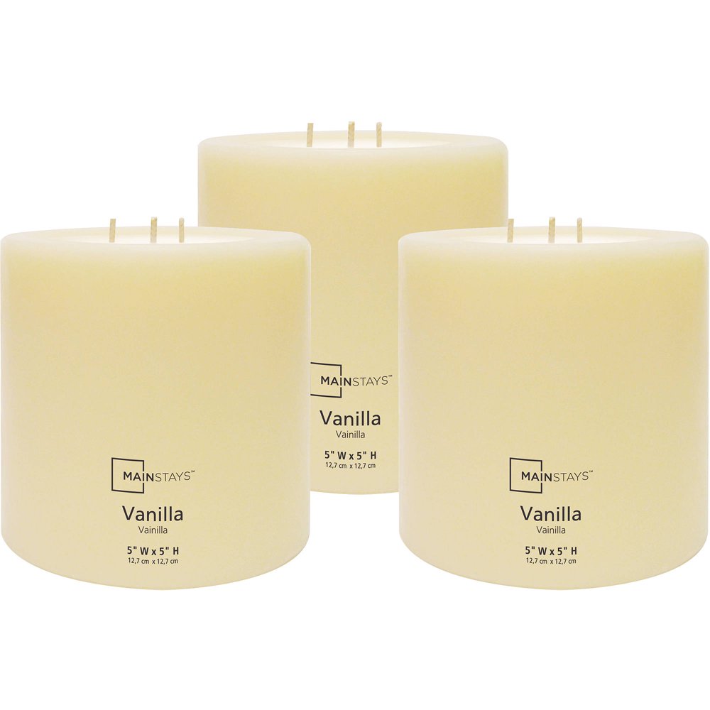 Mainstays 5"x5" Pillar Vanilla Scented Candle, Set of 3