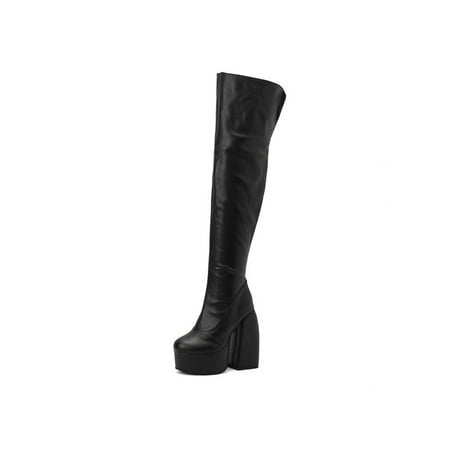 

Lacyhop Ladies Work Fashion Over The Knee Platform Boots Side Zip Thigh High Shoes Sexy Block Heels Black 8