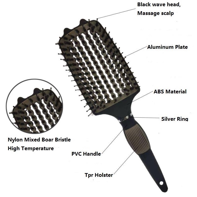 1pc Curved Vented Boar Bristle Styling Hair Brush & 1pc cleaning