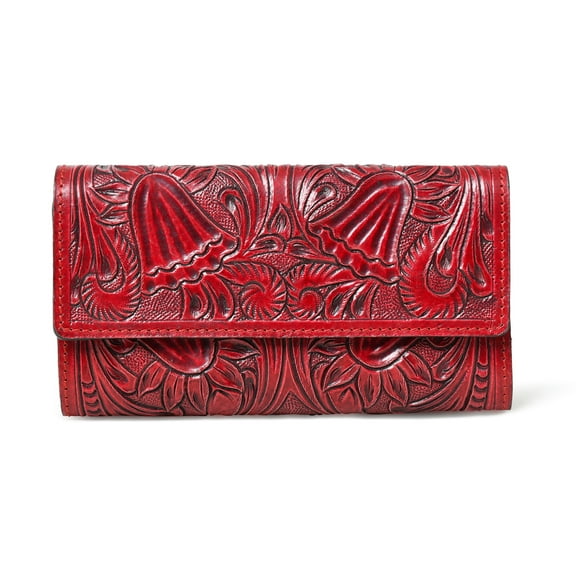 ADYANN Women’s Embossed Leather Clutch Wallet Handmade Red Floral Pattern Purse with Multiple Card Slots & Magnetic Closure