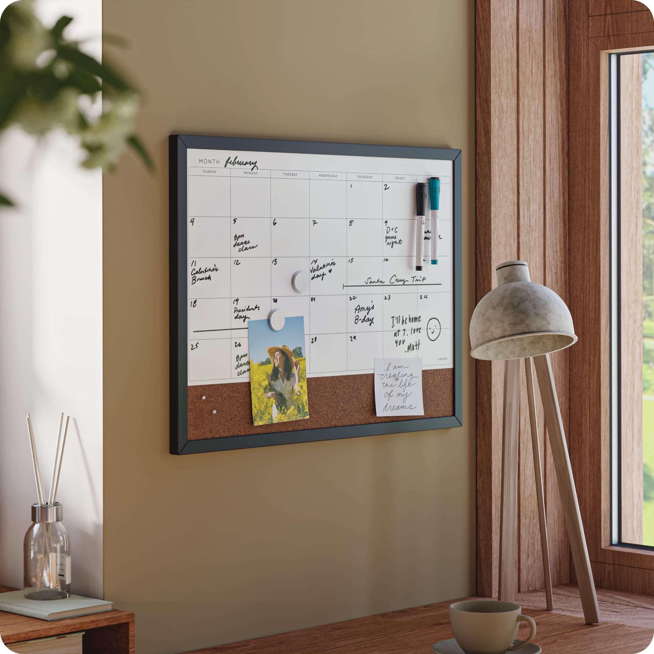 U Brands 23 x 17-inch Magnetic Dry Erase Calendar Board with Black Wood Frame