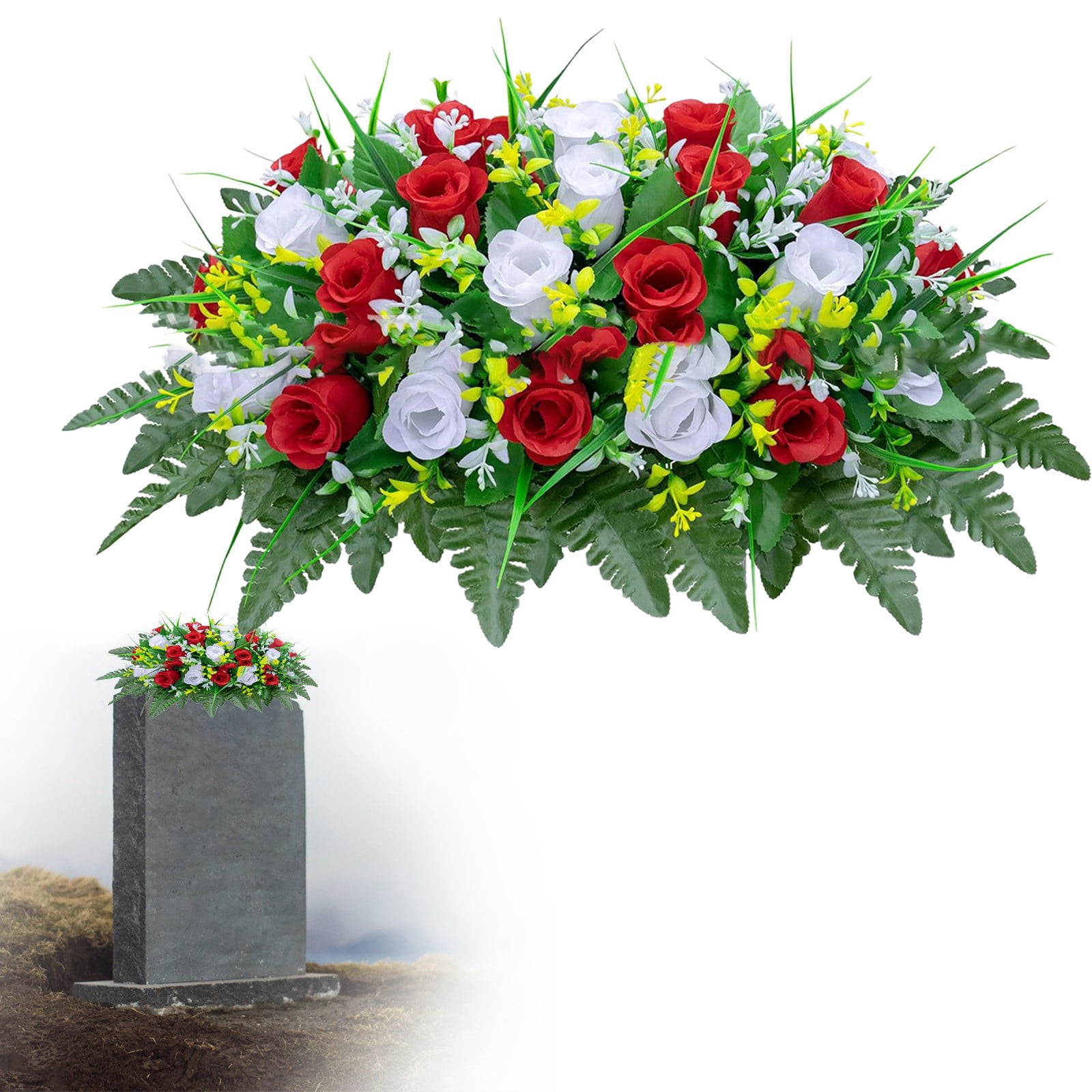 Artificial Cemetery Flowers Saddle, Grave Headstone Decorations, Non Fading Outdoor Memorial Flowers, Silk Floral Arrangement for Cemeteries, All-Weather Grave Decor Saddle for Tombstone