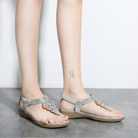 

HIBRO Summer Women Ladies Bohemia Bling Crystal Flat Sandals Beach Casual Shoes