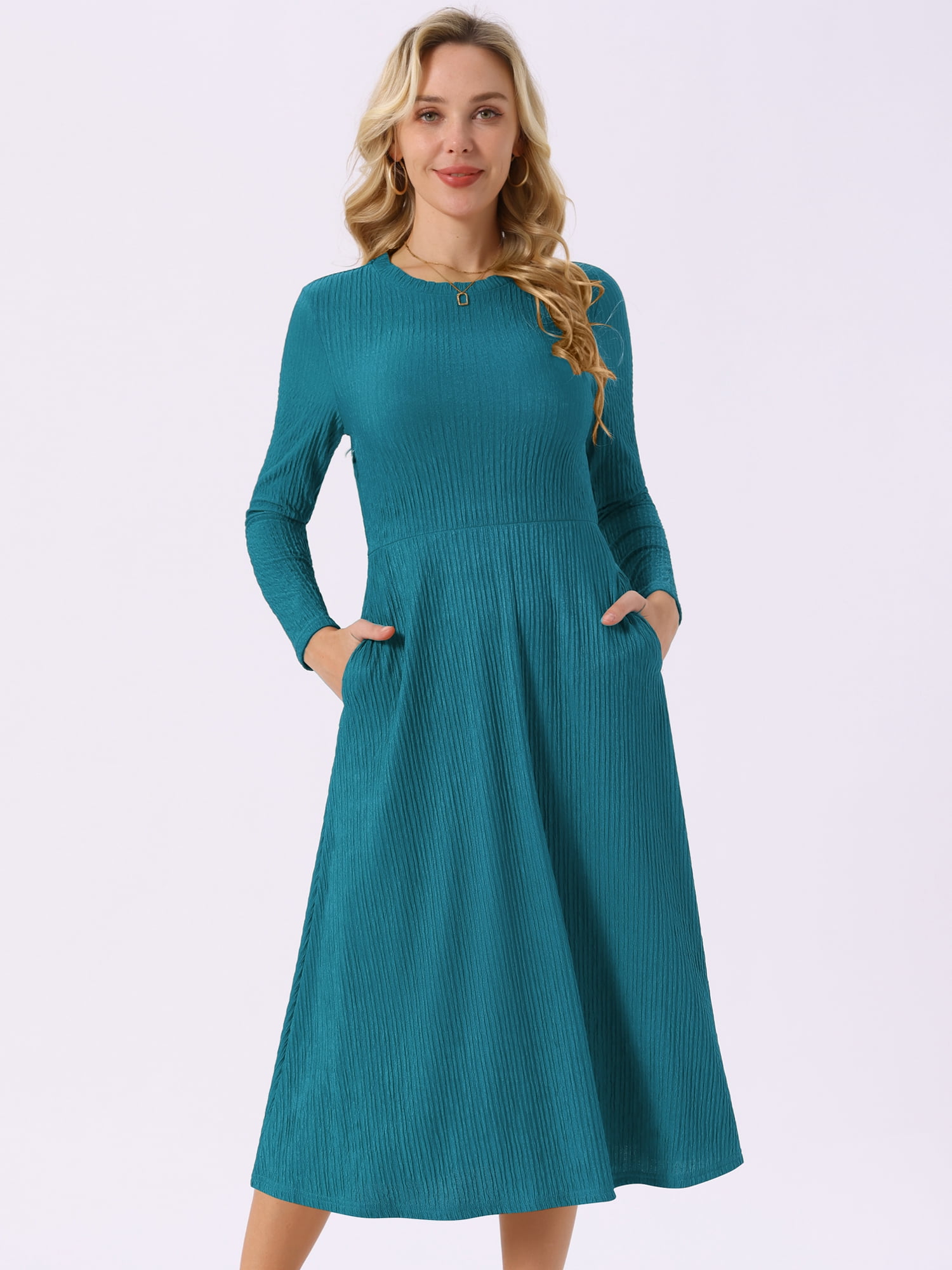 DARING DIVA Long Sleeve Crew Neck Knit A-Line Midi Dress XL Lake Blue