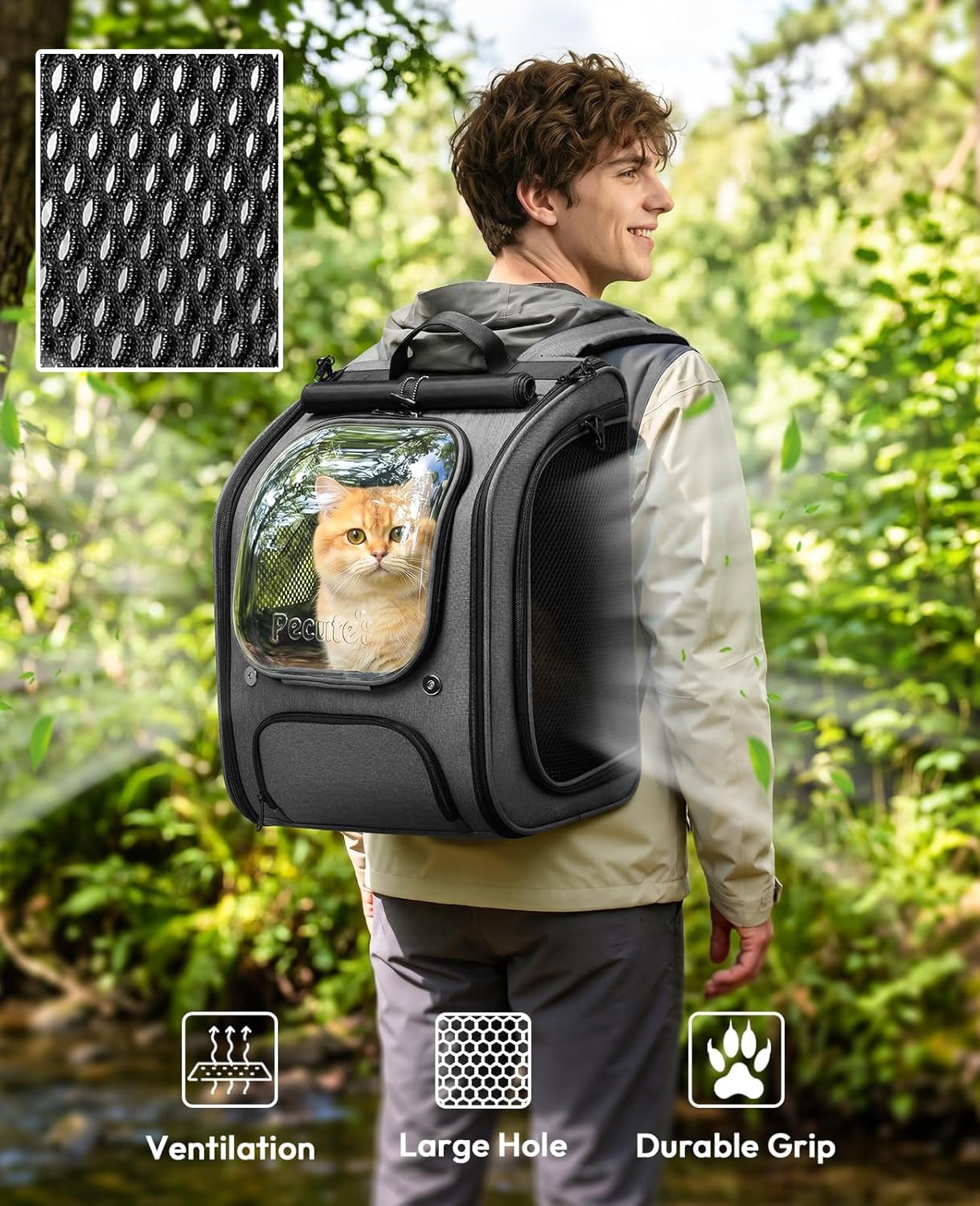 Cat Backpack Carrier, Large Space Cat Bubble Backpack, Breathable Cat Carrier, Shaded Dog Backpack Carrier, Ergonomic 3D Design for Travel, Hiking, Walk, Suitable for Shopping, Car, Vet, Gray